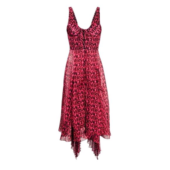 NWT Versace Runway Plisse Silk Dress IT 38 US 2 All Over Logo Red Black $5425